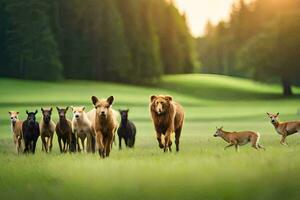 un' gruppo di animali in esecuzione nel un' campo. ai-generato foto