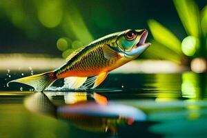 pesce salto su di il acqua nel il scuro. ai-generato foto