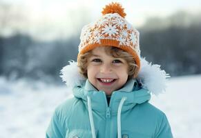 un' poco ragazzo indossare un arancia cappello nel davanti di blu sfondo fabbricazione i fiocchi di neve foto