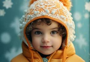 un' poco ragazzo indossare un arancia cappello nel davanti di blu sfondo fabbricazione i fiocchi di neve foto