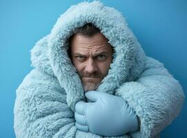 freddo e arrabbiato inverno uomo abbracciare contro un' blu sfondo foto