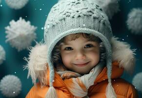 un' poco ragazzo indossare un arancia cappello nel davanti di blu sfondo fabbricazione i fiocchi di neve foto