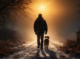 persona a piedi sua cane nel un' boschi nel neve foto