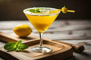un' cocktail con Limone e menta su un' di legno taglio tavola. ai-generato foto