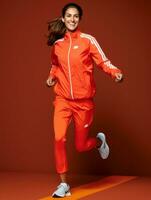 giovane europeo donna vestito nel abbigliamento sportivo chiaramente attivo e pieno di energia ai generativo foto