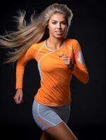 giovane europeo donna vestito nel abbigliamento sportivo chiaramente attivo e pieno di energia ai generativo foto