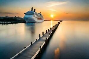 un' crociera nave attraccato a il molo a tramonto. ai-generato foto