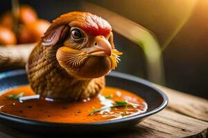 un' pollo è seduta nel un' ciotola di la minestra. ai-generato foto