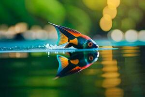 un' pesce con un' luminosa arancia e nero corpo è galleggiante su il acqua. ai-generato foto