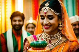 un' donna nel un arancia sari Tenere un' candela. ai-generato foto