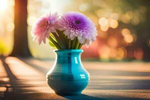 un' blu vaso con viola fiori seduta su un' tavolo. ai-generato foto