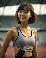 bellissimo sorridente asiatico ragazza atleta nel gli sport arena ai generativo foto