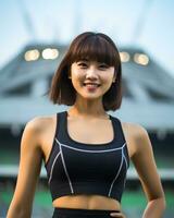 bellissimo sorridente asiatico ragazza atleta nel gli sport arena ai generativo foto