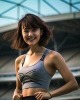 bellissimo sorridente asiatico ragazza atleta nel gli sport arena ai generativo foto