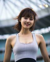 bellissimo sorridente asiatico ragazza atleta nel gli sport arena ai generativo foto