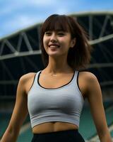 bellissimo sorridente asiatico ragazza atleta nel gli sport arena ai generativo foto