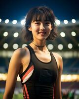 bellissimo sorridente asiatico ragazza atleta nel gli sport arena ai generativo foto