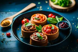 un' piatto con quattro mini Pizza rotoli. ai-generato foto