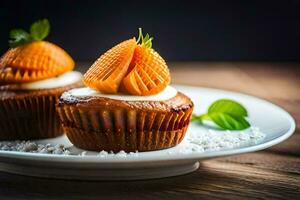 Due cupcakes con crema formaggio glassa su un' bianca piatto. ai-generato foto