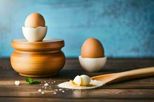un uovo è Cracked Aperto con un' di legno cucchiaio. ai-generato foto