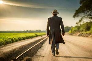 un' uomo nel un' completo da uomo e cappello passeggiate giù un' sporco strada. ai-generato foto