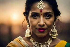 un' bellissimo indiano donna indossare gioielleria e gioielleria. ai-generato foto