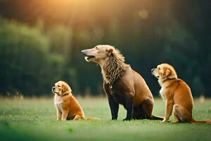 tre cani seduta su il erba nel davanti di un' sole. ai-generato foto