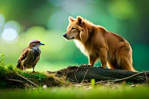 un' cane e un' uccello nel il foresta. ai-generato foto