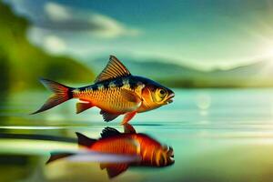 un' pesce è in piedi su il acqua con il sole nel il sfondo. ai-generato foto