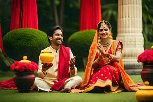un' bellissimo coppia nel tradizionale indiano abbigliamento. ai-generato foto