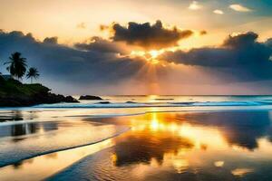 il sole sorge al di sopra di il oceano e il cielo è riflessa nel il acqua. ai-generato foto