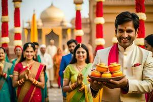 un' uomo nel un indiano nozze attrezzatura Tenere un' vassoio di cibo. ai-generato foto