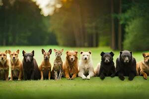 un' gruppo di cani e gatti seduta nel un' riga. ai-generato foto