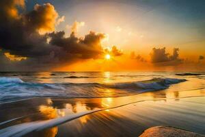 tramonto su il spiaggia, onde, nuvole, acqua, spiaggia, tramonto, il oceano,. ai-generato foto