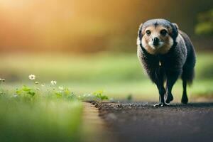 un' cane a piedi su un' strada con erba e fiori. ai-generato foto