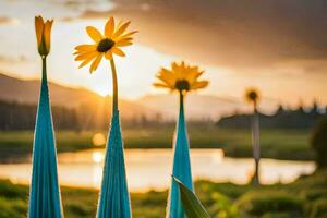 tre blu fiori siamo in piedi nel davanti di un' lago. ai-generato foto