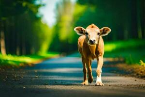 un' piccolo mucca a piedi giù un' strada nel il boschi. ai-generato foto