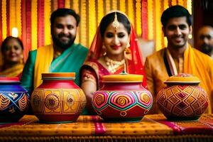 un' coppia nel indiano nozze abbigliamento con colorato pentole. ai-generato foto