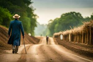 un' uomo nel un' blu completo da uomo passeggiate giù un' sporco strada. ai-generato foto