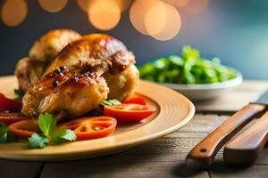 un' piatto di pollo con pomodori e erbe aromatiche. ai-generato foto