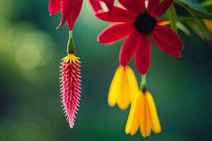 rosso e giallo fiori sospeso a partire dal un' albero. ai-generato foto