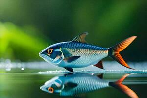 un' pesce è in piedi su il acqua con suo riflessione. ai-generato foto