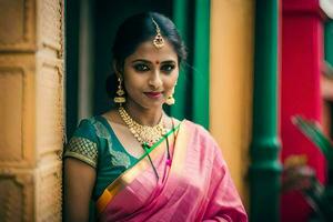 un' bellissimo indiano donna nel un' rosa sari. ai-generato foto