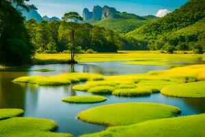 un' bellissimo paesaggio con verde erba e acqua. ai-generato foto