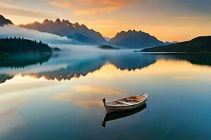 un' barca galleggiante su un' calma lago con montagne nel il sfondo. ai-generato foto