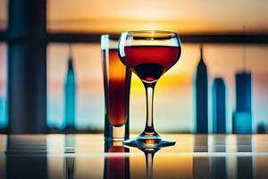 Due bicchieri di vino su un' tavolo nel davanti di un' città orizzonte. ai-generato foto