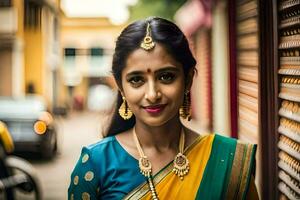 un' bellissimo giovane donna nel un' sari. ai-generato foto