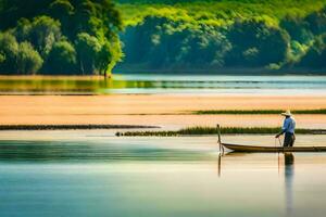 un' uomo nel un' barca su un' lago con alberi e erba. ai-generato foto