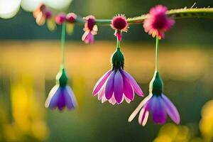 tre viola fiori sospeso a partire dal un' vite. ai-generato foto