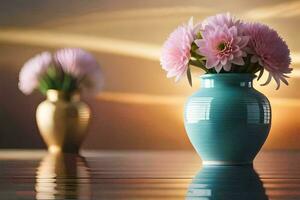 Due vasi con rosa fiori seduta su un' tavolo. ai-generato foto